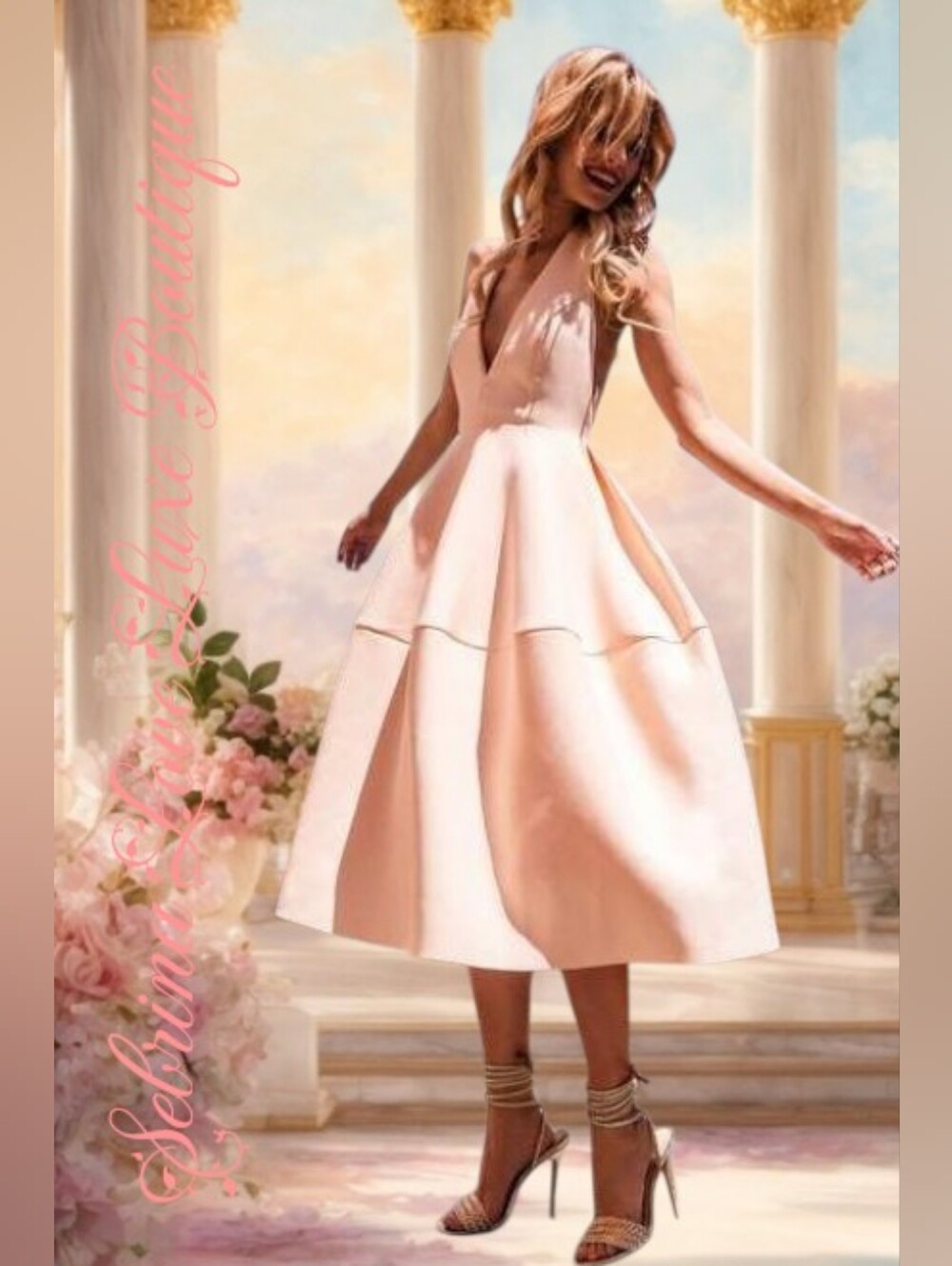 Romantic Blush Pink Plunge-Neck A-Line Backless Tea Length Dress
